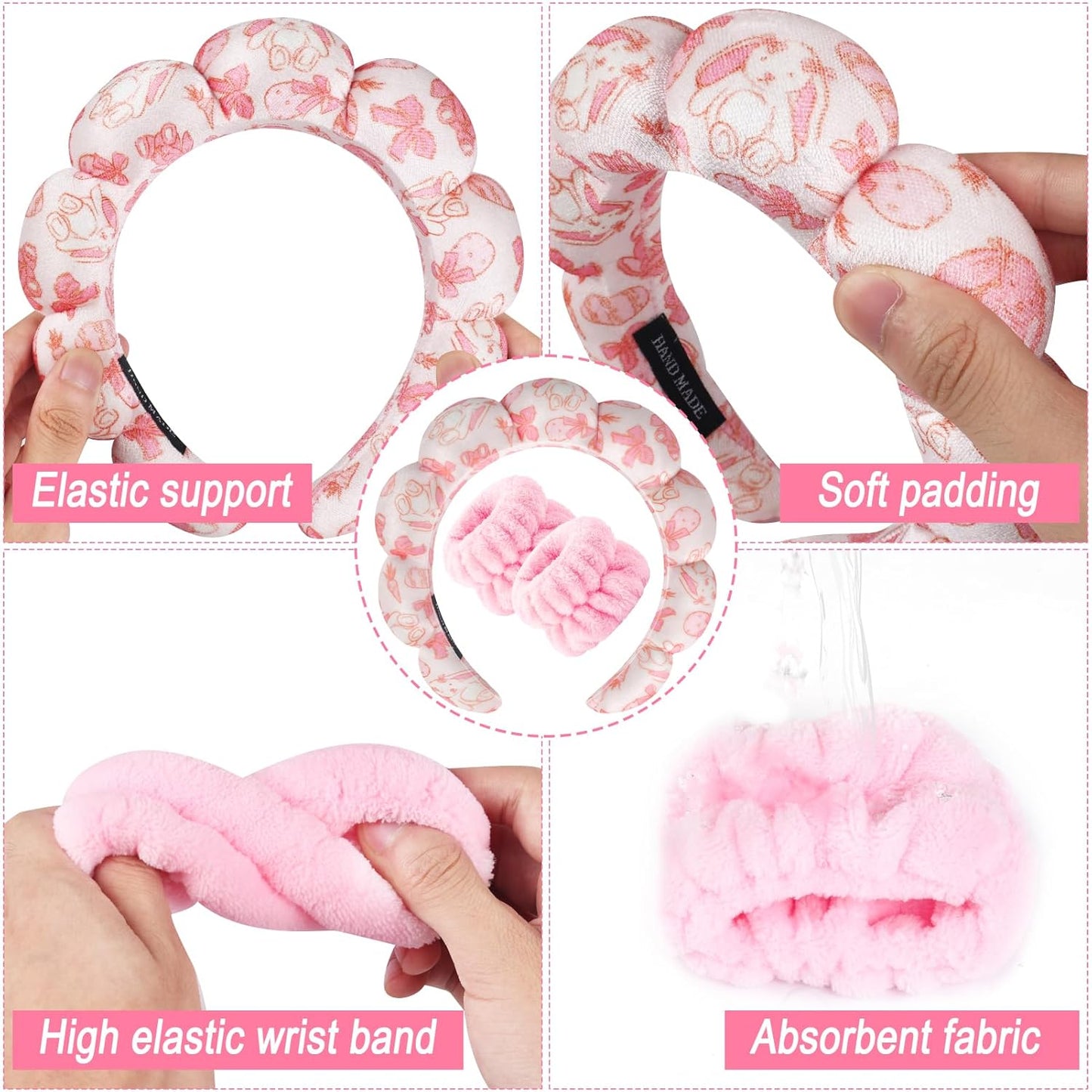 Zkptops Spa Headband for Washing Face Wristband Set Sponge Makeup Skincare Velvet Fabric Bubble Soft Get Ready Hairbands for Women Puffy Headwear Non Slip Thick Thin Hair Accessory(Pink Bow)