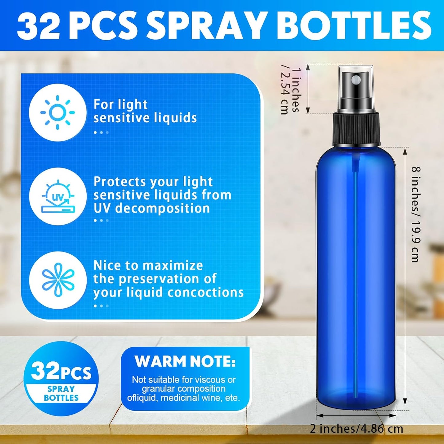 Eccliy 32 Pcs 8 oz Spray Bottles Fine Mist Cleaning Bottles Clear Empty Plastic Travel Sprayer Refillable Sprayer with Cap for Cleaning Solutions Oils Travel Perfumes(Blue,Clear)