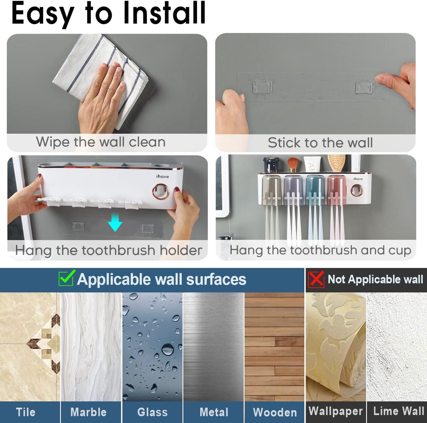 iHave Toothbrush Holders Bathroom Accessories with Toothpaste Dispenser, 4 Cups Toothbrush Holder Wall Mounted Bathroom Decor