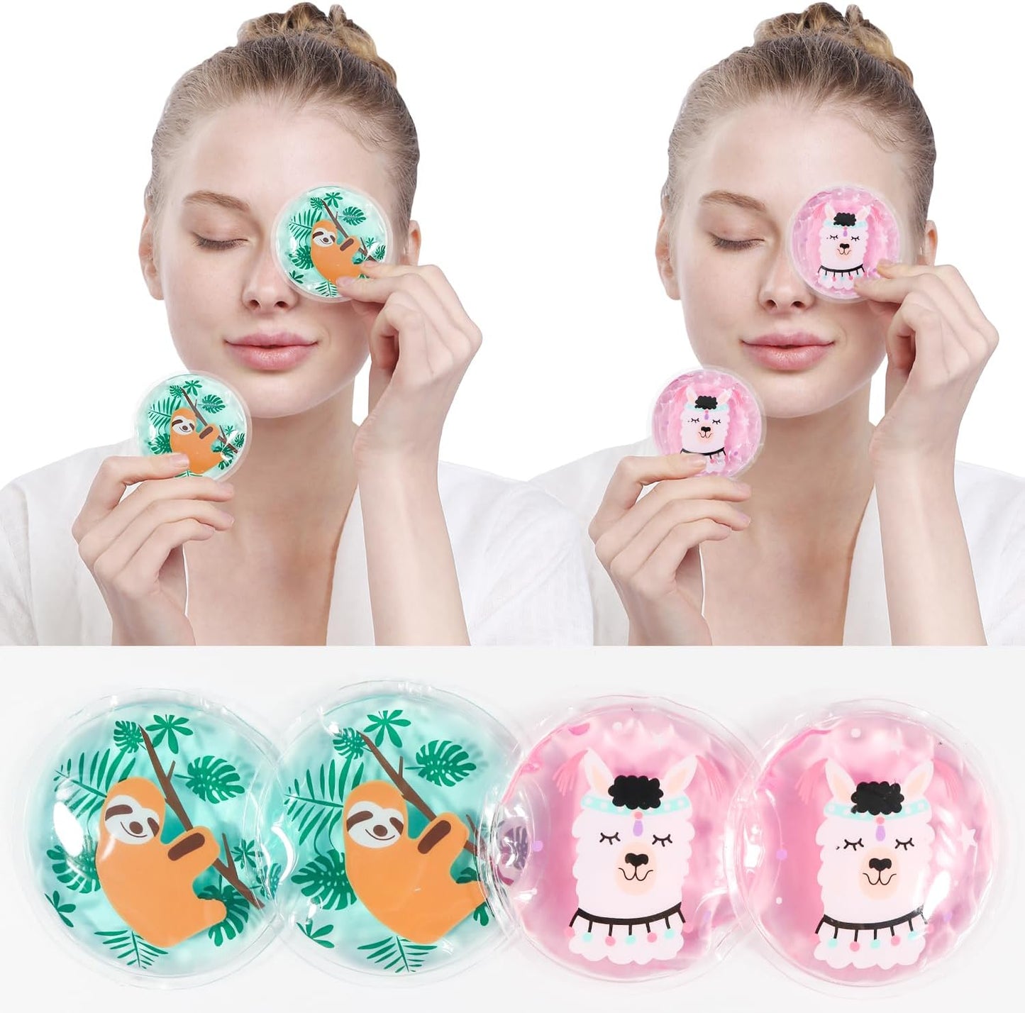 Gel Ice Pack Reusable, Cooling Eye Pads and Patches, Hot and Cold Eye Pads - Soothing, Revitalizing, Puffiness, Refresh, Relieves Stress, Relax, Relieves Puffiness and Tension(2 Sloths+2 Alpacas)