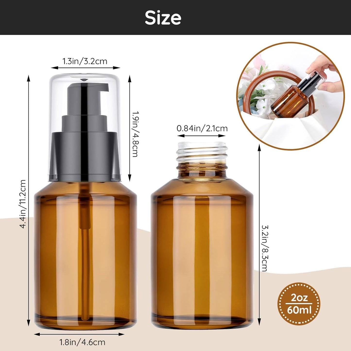 Segbeauty 2oz Refillable Glass Travel Size Empty Bottles, 5pcs Amber Lotion Pump Bottles Empty, 60ml Mini Travel Lotion Container, Small Cosmetic Container Bottle Pump Dispener for Creams Oils Liquids