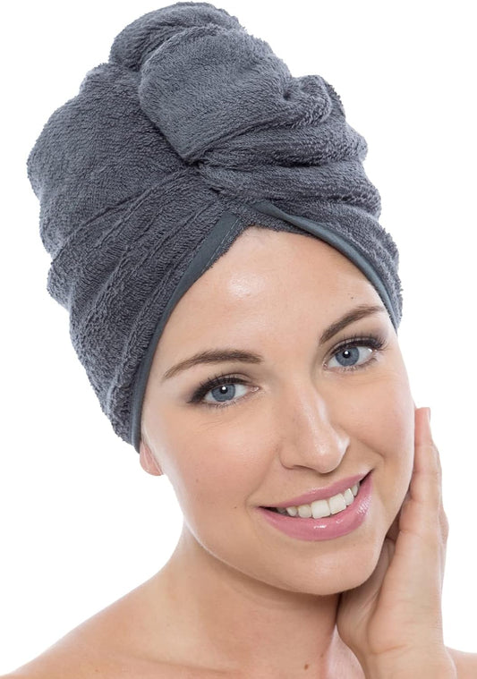 Texere Women's Viscose from Bamboo and Cotton Terry Spa Hair Towel Wrap - Absorbent and Fast Drying for Long, Curly, Thick Hair - Towel with Loop and Twist Closure (Tya, Pewter, U)