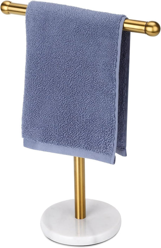 Gold Hand Towel Holder Stand with Heavy Marble Base, T-Shape Towel Rack, Free-Standing for Bathroom Vanity Countertop, 304 Stainless Steel (Gold)