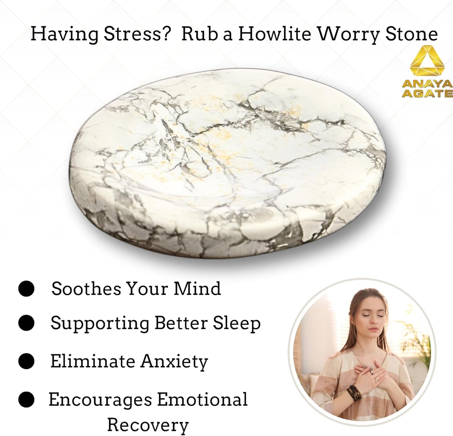 Howlite Worry Stone – Crystal Thumb Worry Stones for Anguish, Stress – Relaxing and Soothing Balance Stones for Meditation, Stress Relief – Healing Stones and Crystals for Men and Women