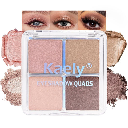 Kaely Powder Eyeshadow Quad, Rose Gold Pink Glitter Eyeshadow Palette Makeup, Neutral Eye Shadow Palette for Older Women Pigmented Waterproof, sombras para ojos, Blendable, Cruelty-free, 06