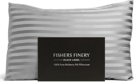 Fishers Finery 30mm 100% Pure Mulberry Silk Pillowcase, Quality Tested (Gray Stripe, Queen)