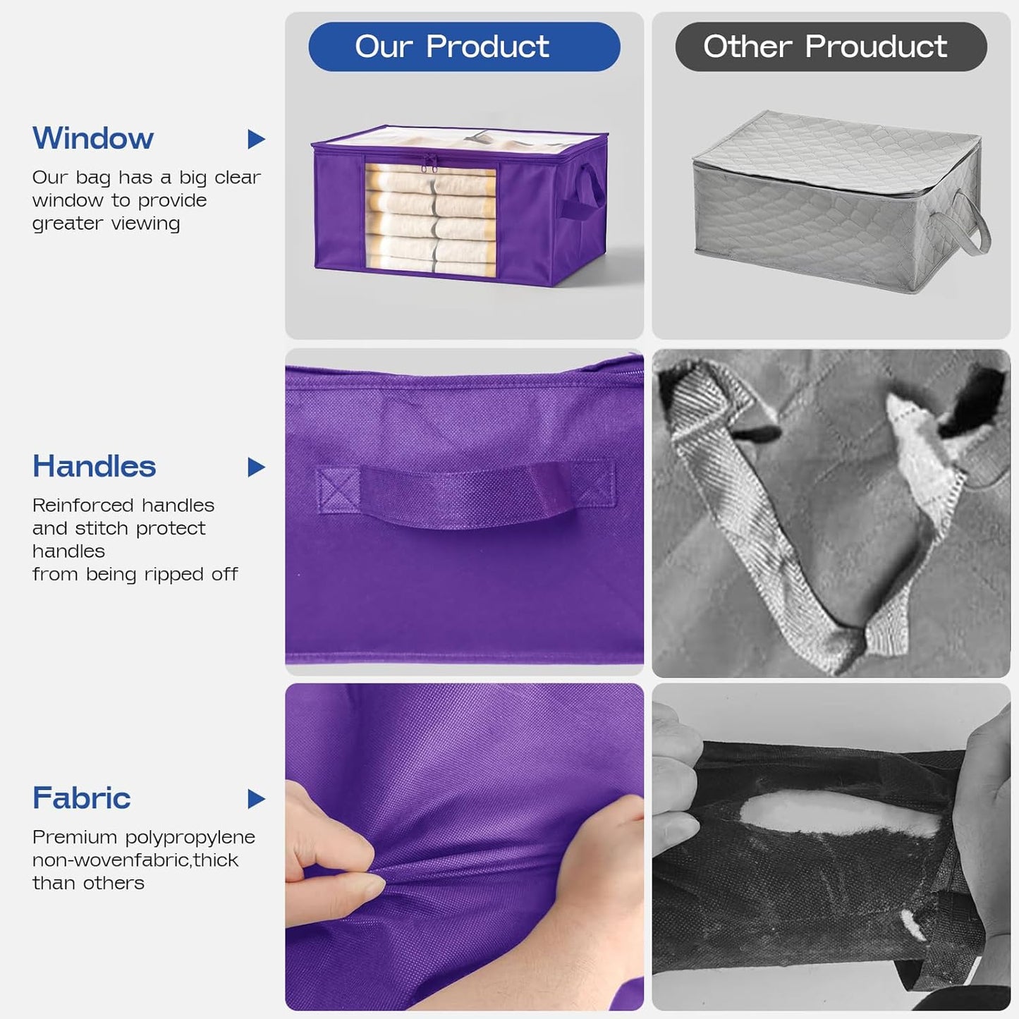 Clothes Storage Bags, Foldable Thick Fabric Blanket Storage Bags, Large Clear Window & Carry Handles, Great for Clothes, Blankets, Closets, Pillows, Toys (Purple, 4PACK)