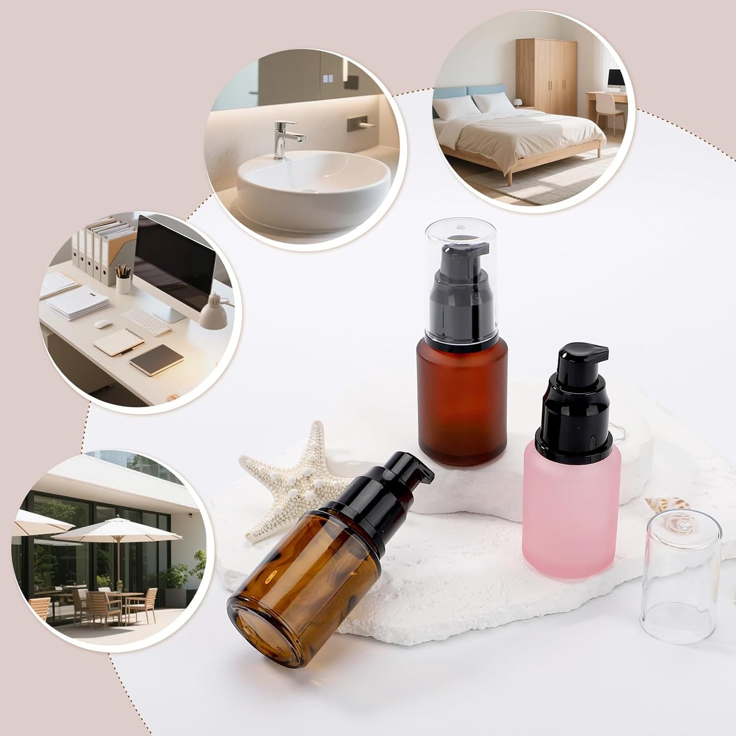 Segbeauty 1oz Frosted Glass Travel Bottles for Toiletries in Mixed Color, 3 Pack Empty Travel Size Pump Bottle Cream Lotion Container, 30ml Small Refillable Makeup Pump Dispenser Cosmetic Containers