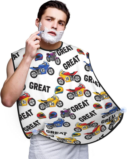 Beard Bib with 3 Suction Cups, Non-Stick Waterproof Hair Catcher Apron, Men's Shaving Essential for Grooming, Vintage Motorcycle Racing Dirt Bike Shave Bib
