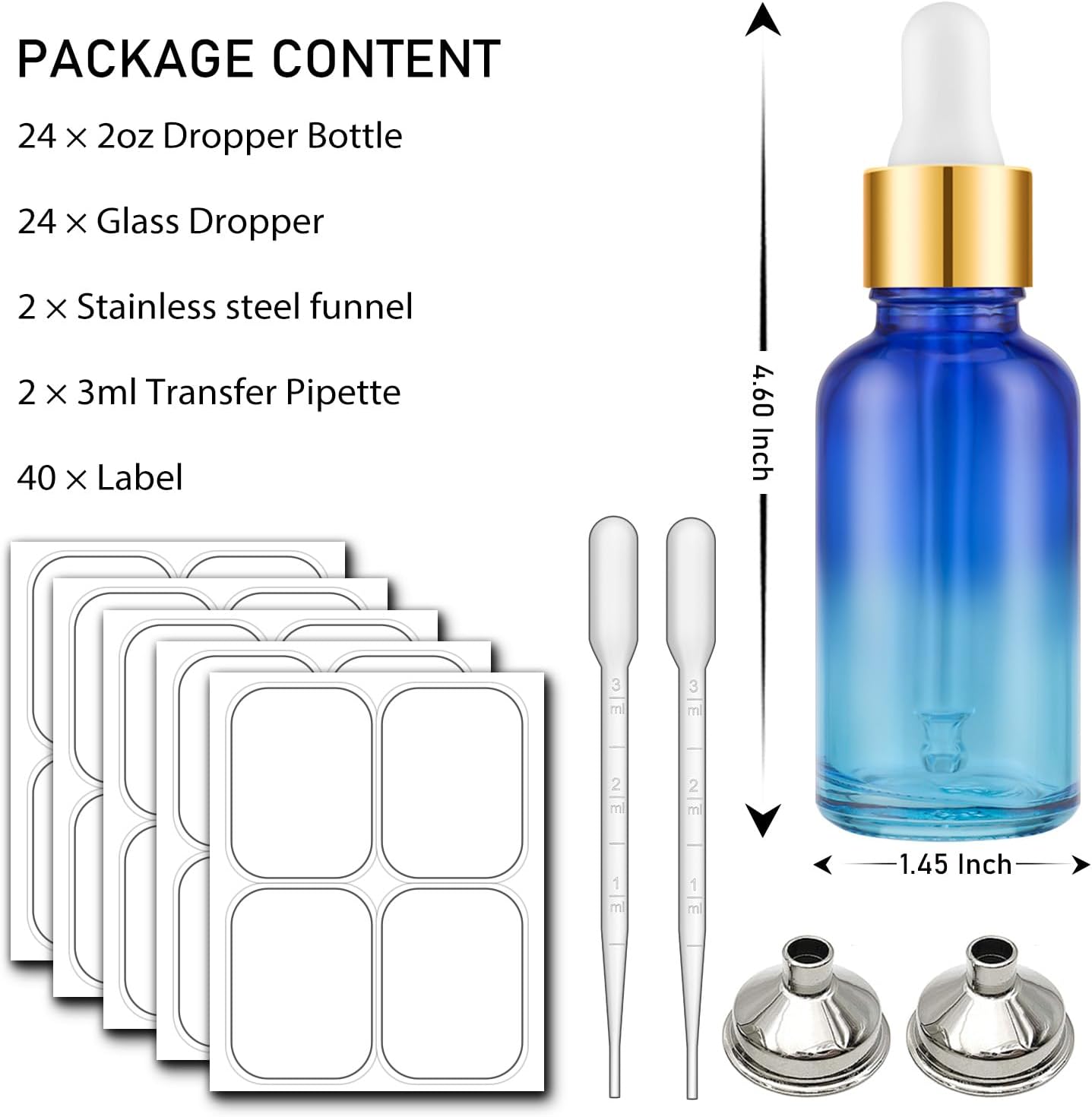 Bumobum 2 oz Dropper Bottle, Glass Eye Dropper Bottles with Golden Top Cap for Essential Oils, 24 Pack Tincture Bottle with Labels and Funnel