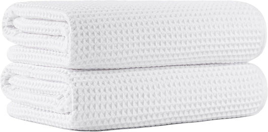 New Microfiber Waffle Bath Towels, 2 Pieces, Oversized, Soft, Absorbent, Fast Drying, Lint Free (White)