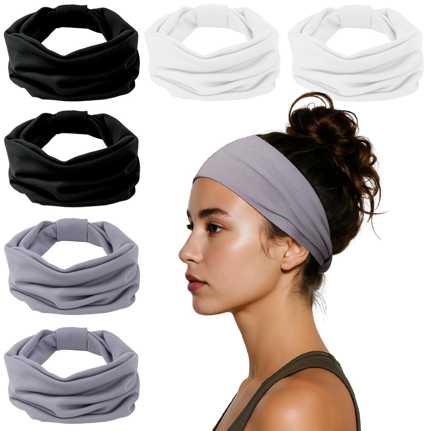 Headbands for Women, Wide Elastic Head Bands, Non-Slip Thick Hair Bands, Sports Stretchy Sweat Bands, Large Knotted Soft Headband for Washing Face, Makeup, Workout, Spa, Two Black/White/Gray