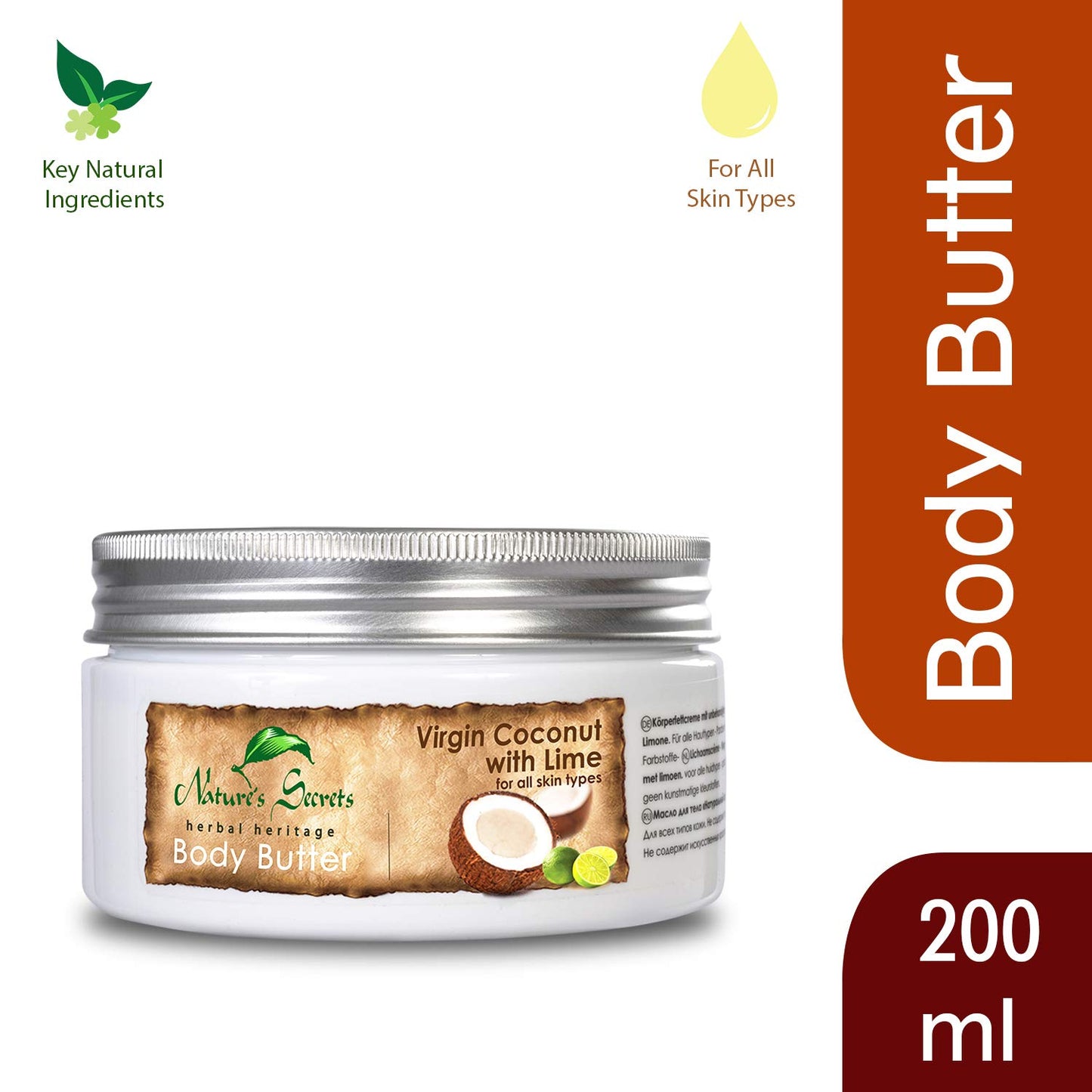Nature's Secrets Coconut Body Butter with Hyaluronic Acid, Retinol, Jojoba Oil & Viatmin E. Creamy, Ultra-Moisturising. For Dry Skin.