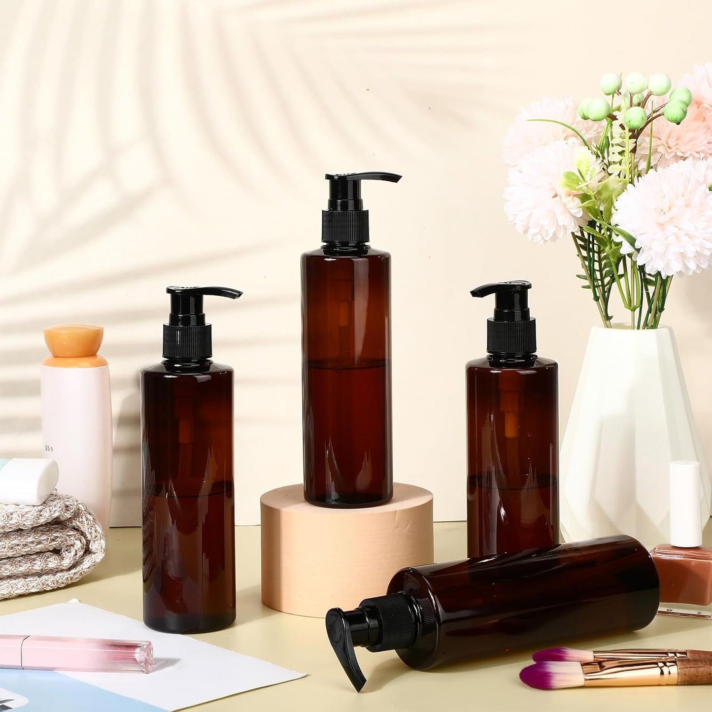 Thyle 20 Pcs Plastic Pump Dispenser Bottle 8 oz Refillable Plastic Bottles Bulk Lotion Container Travel Lock Empty container for Shampoo Massage Oil Dispensing(Brown)