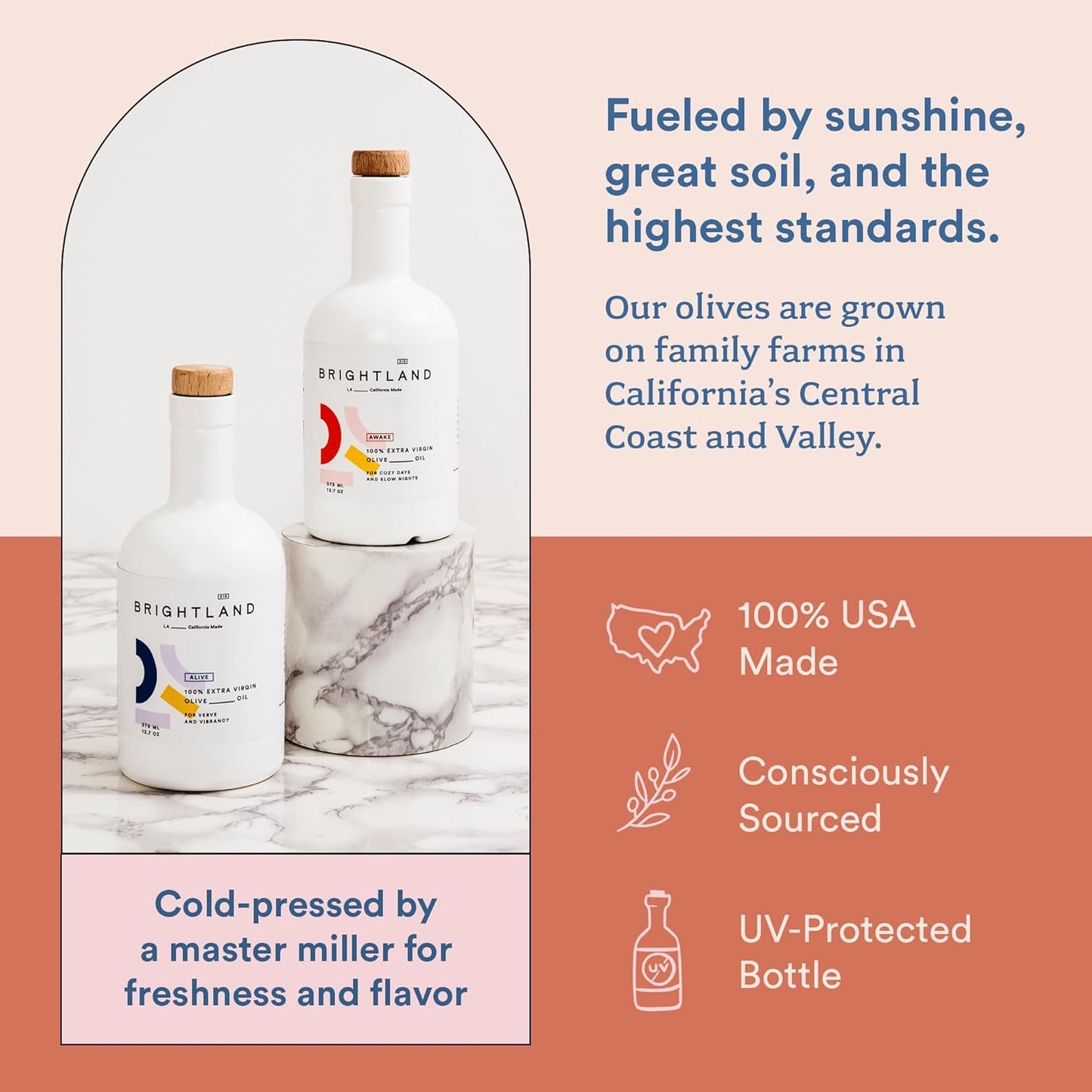 Brightland California Olive Oil Extra Virgin, The Duo – First Cold-Pressed Olive Oil Made with Early-Harvest Olives – Polyphenol Rich & Artfully Crafted - 12.7fl oz Bottles (Pack of 2)