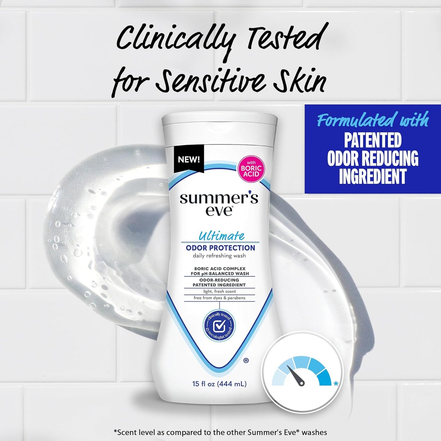 Summer's Eve Ultimate Odor Protection Daily Feminine Wash, pH-Balanced Formula Body Wash for Women with Boric Acid Helps Control Vaginal Odor, 15 Fl Oz