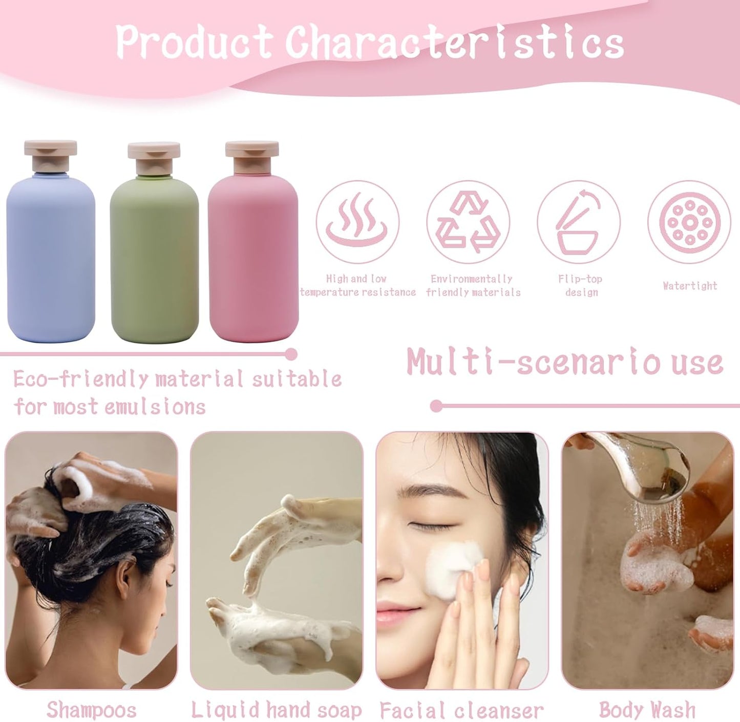 3-Pack Leakproof Travel Bottles - 10 oz Squeeze Shampoo & Lotion Containers with Locking Flip Caps, Food Grade HDPE/PP, for Toiletries, Gym, Camping (Green, Blue, Pink)