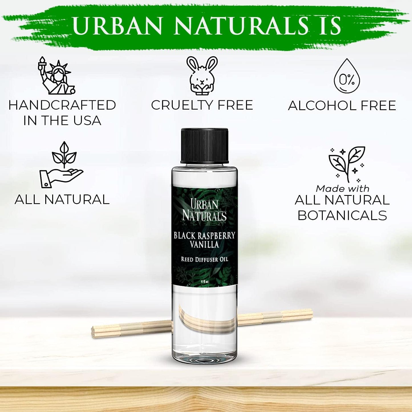 Urban Naturals Reed Diffuser Oil Refill, Black Raspberry Vanilla Oil for Diffuser with Orchid, Amber, Sandalwood, 4 oz + Free Reed Sticks, Made in The USA