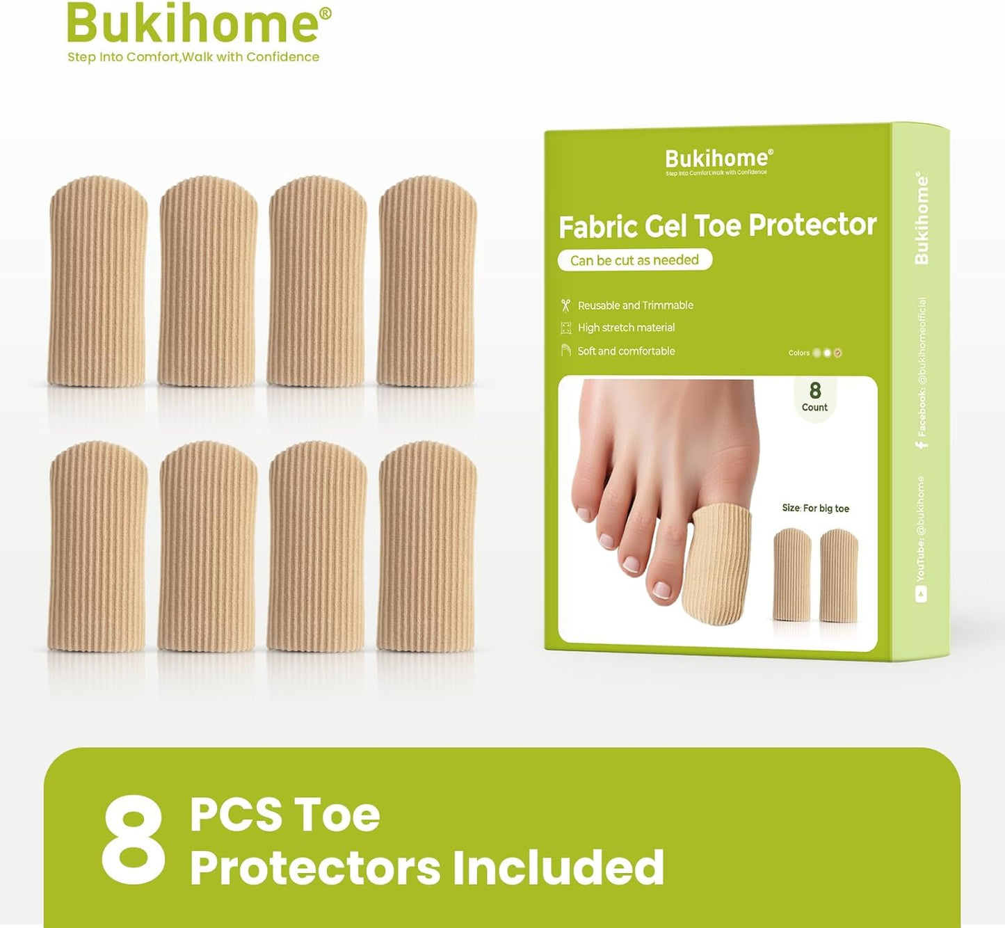 Bukihome 8 PCS Toe Protectors, Silicone Toe Caps Closed Toe Surface Fabric Sleeve Protectors, Prevent Pain Relief for Corns, Blisters and Ingrown Toenails (8PCS Large Size)[Upgrade]