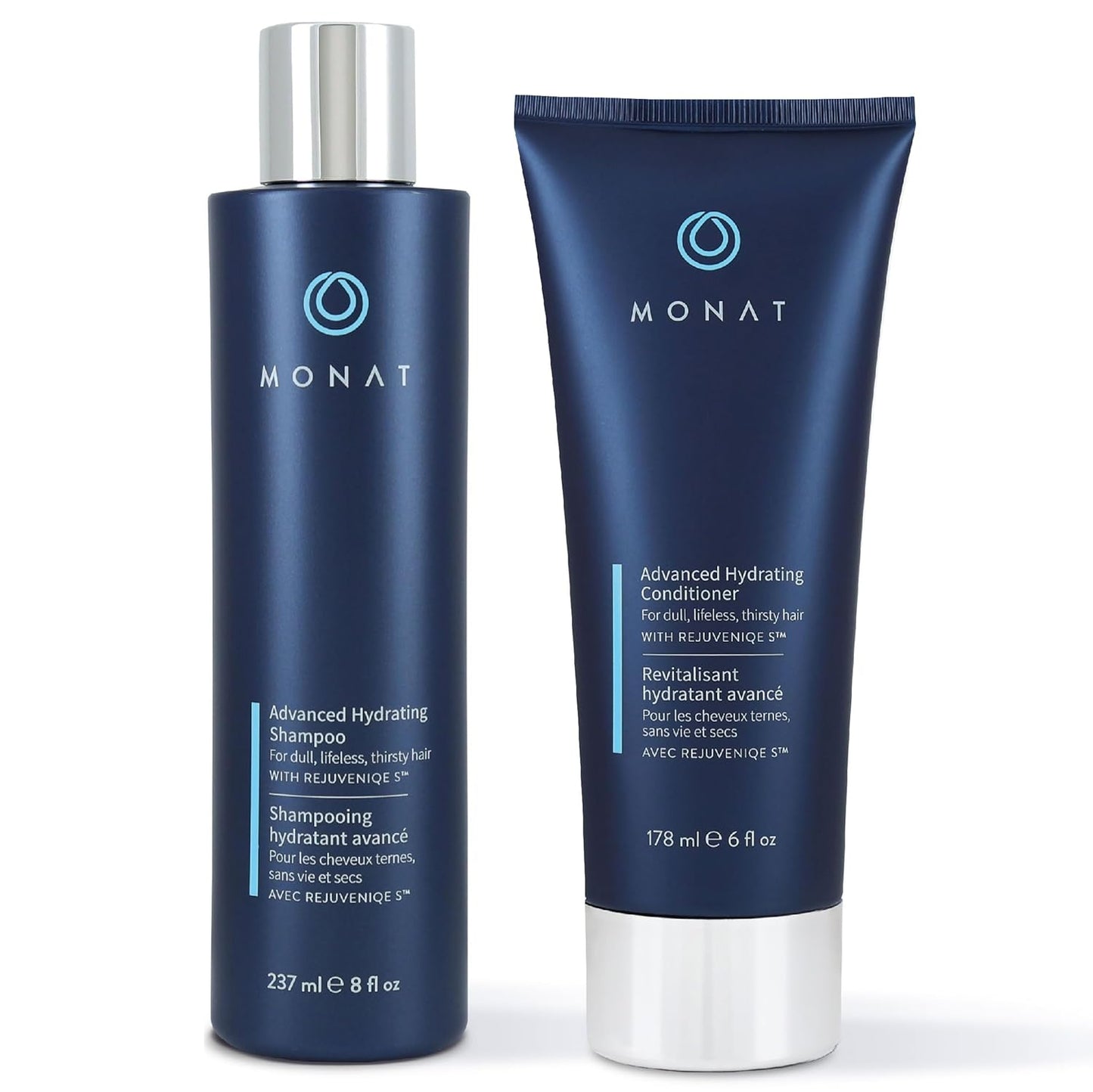 MONAT Advanced Hydration Shampoo and Conditioner Set Infused with REJUVENIQE For Dry Fine to Medium Hair - Moisturizes & Strengths - Sulfate-Free, Paraben-Free, Frizz-Reducing - 8 fl. oz. & 6 fl. oz.