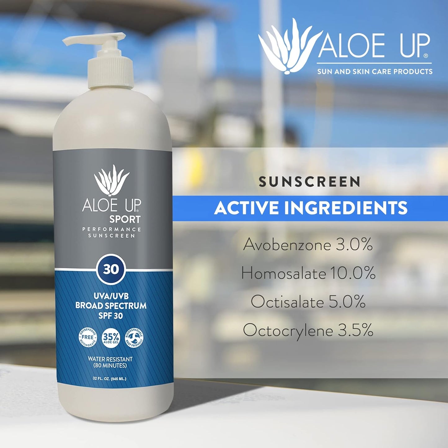 Aloe Up Sport Sunscreen Lotion SPF 30 - Broad Spectrum UVA/UVB Sunscreen Protector for Face and Body With Hydrating Aloe Vera Gel Non-Greasy No White Cast Reef Safe Fragrance-Free - 32 Oz.