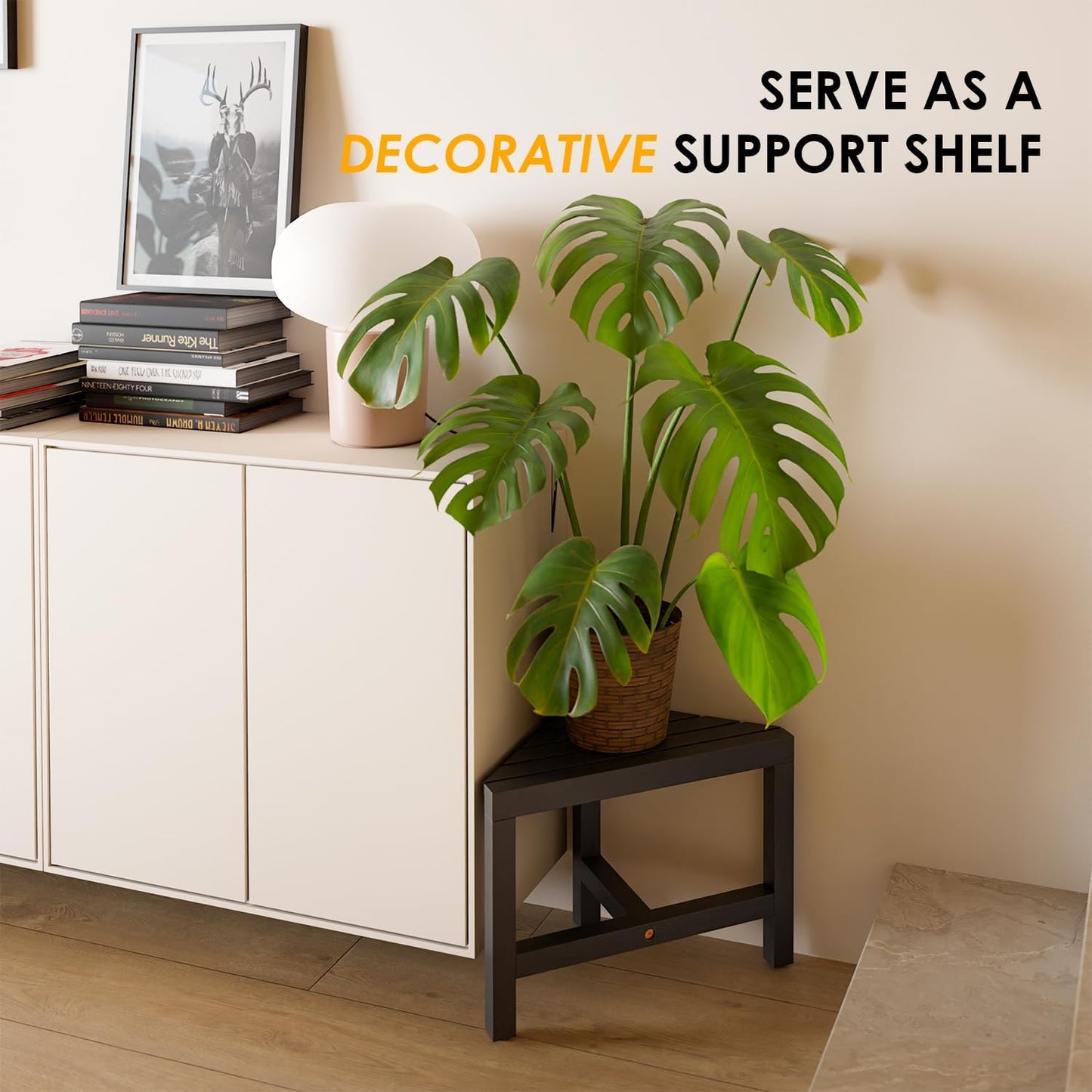 HOLANA 12" Acacia Shower Foot Rest - Wooden Shower Corner Stool Seat for Shaving Legs - Crossbar Corner Shower Benches for Inside Shower - Bath Step Stools Bench for Bathroom (Black)