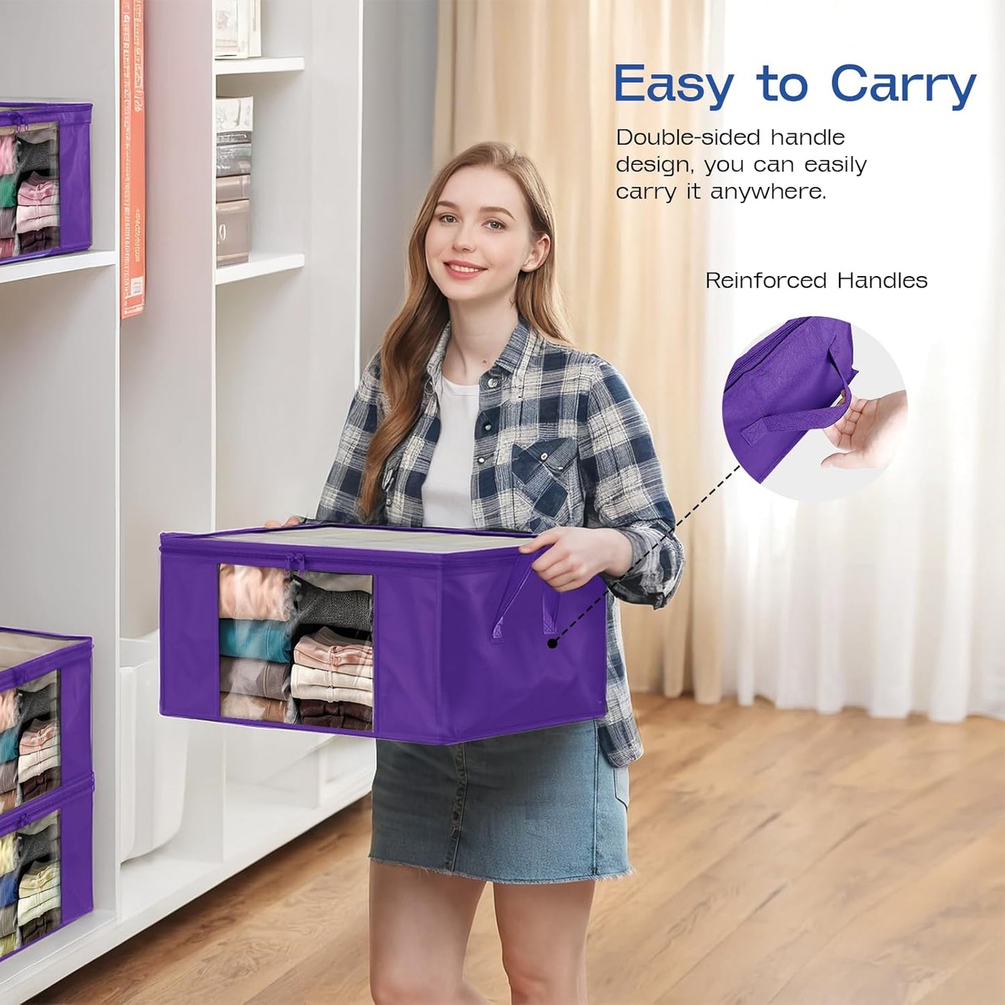 Clothes Storage Bags, Foldable Thick Fabric Blanket Storage Bags, Large Clear Window & Carry Handles, Great for Clothes, Blankets, Closets, Pillows, Toys (Purple, 4PACK)
