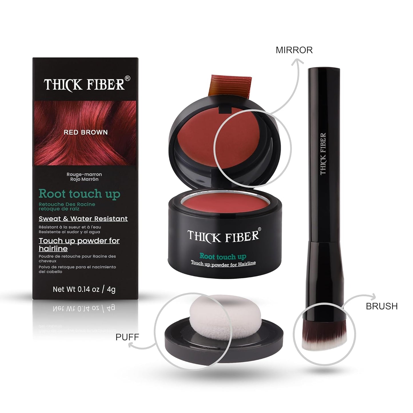 THICK FIBER Root Touch Up and Hairline Concealer for Thinning Hair Women - Water & Sweat Resistant Hair Loss Powder Set, Includes Brush (Red Brown)