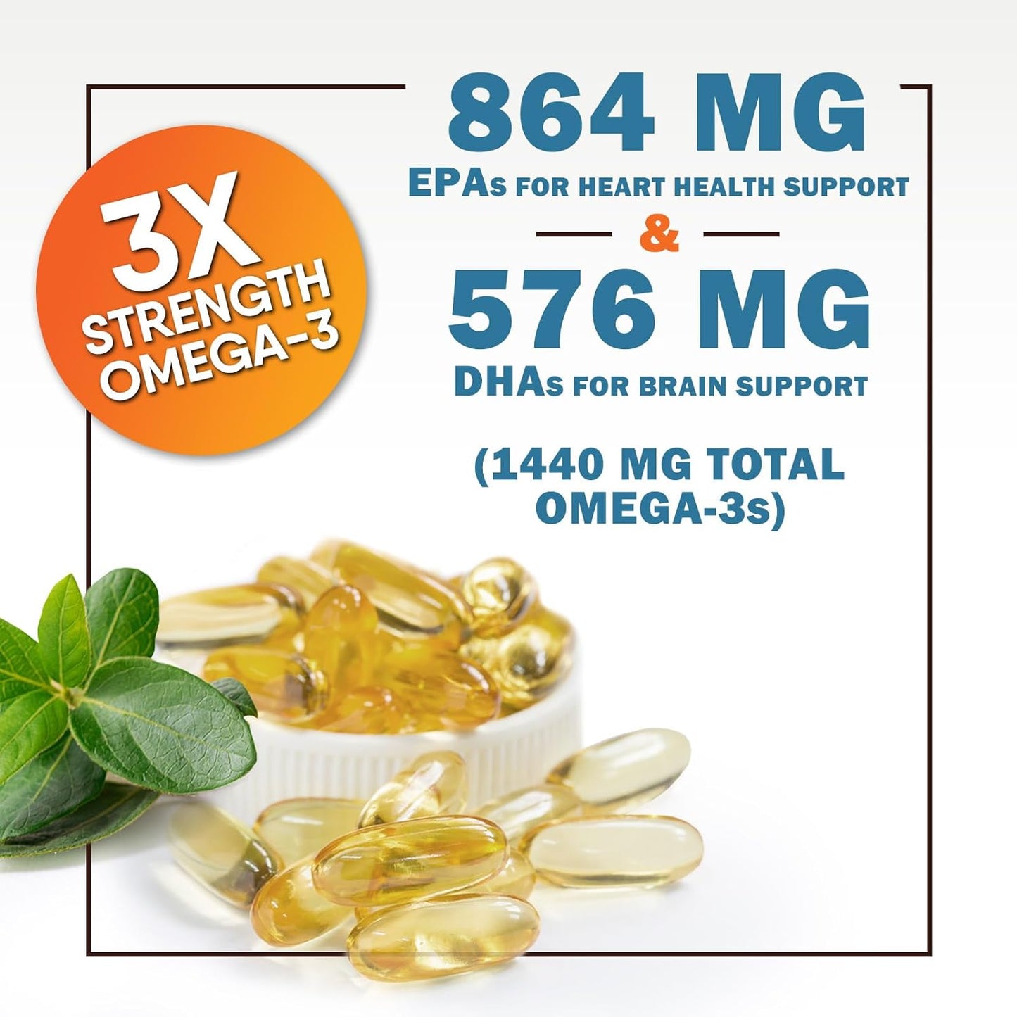 Omega 3 Fish Oil 2400 mg – Triple Strength EPA & DHA Fatty Acids for Heart, Brain & Joint Support – Wild-Caught, Burpless, Lemon Flavor Supplement – Natural, Non-GMO, Gluten-Free – 120 Softgels
