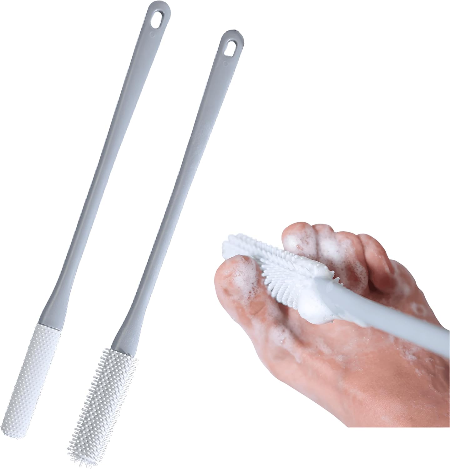 Toe Cleaning Brush with 15.7" Long Handle,Foot Scrubber in Shower,No Bending, Ideal for Seniors, Expecting Mothers, Men & Women | Foot Scrubber & Anti-Itch Exfoliating Brush (2 Pack) (Grey)