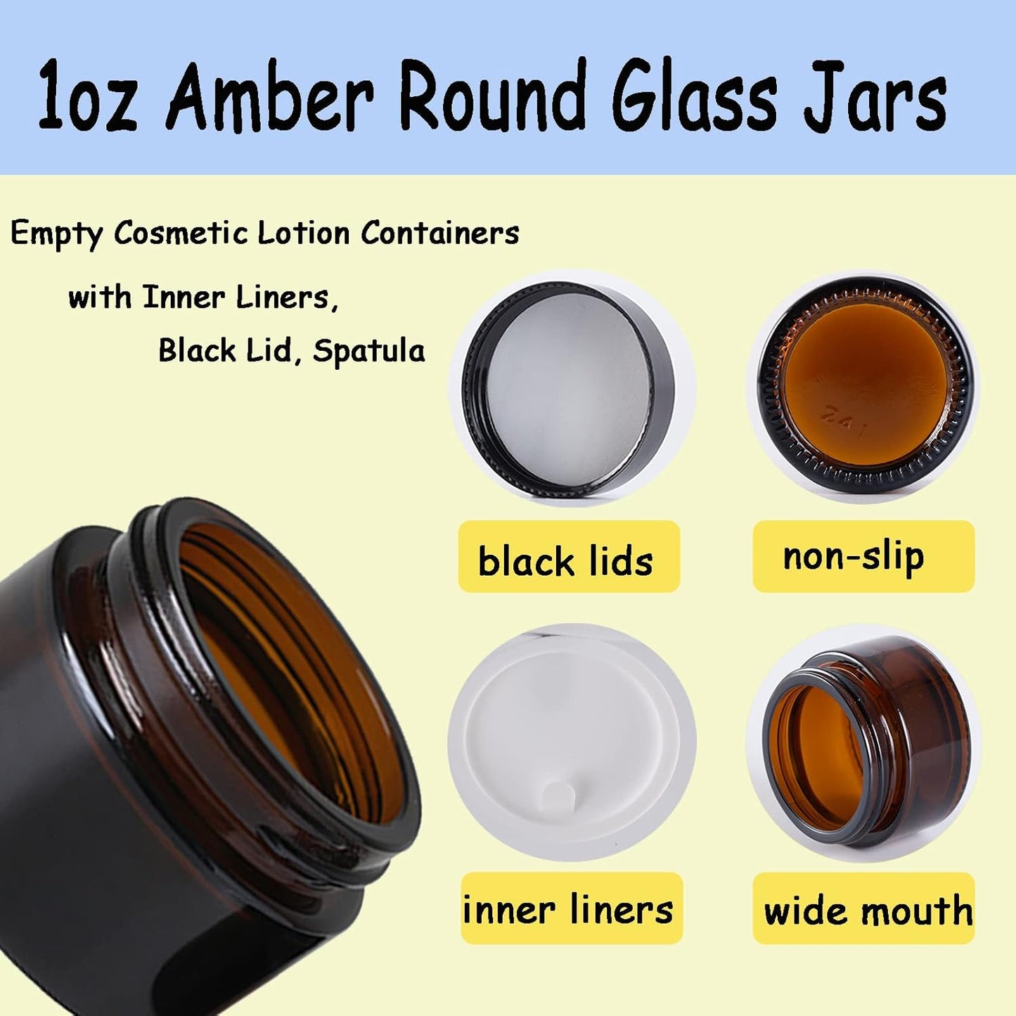 OverNews 4pcs 1oz Amber Glass Jar, Empty Cosmetic Lotion Containers,with Inner Liners,Black Lid, Spatula