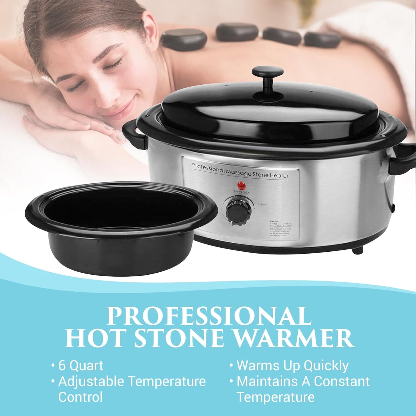 NRG Professional Hot Stone Warmer for Massage Therapy, 6 Quart - Hot Stone Heater Hot Stones Warmer Massage Stone Heater Massage Stone Warmer Massage Accessories - Adjustable Temperature Control