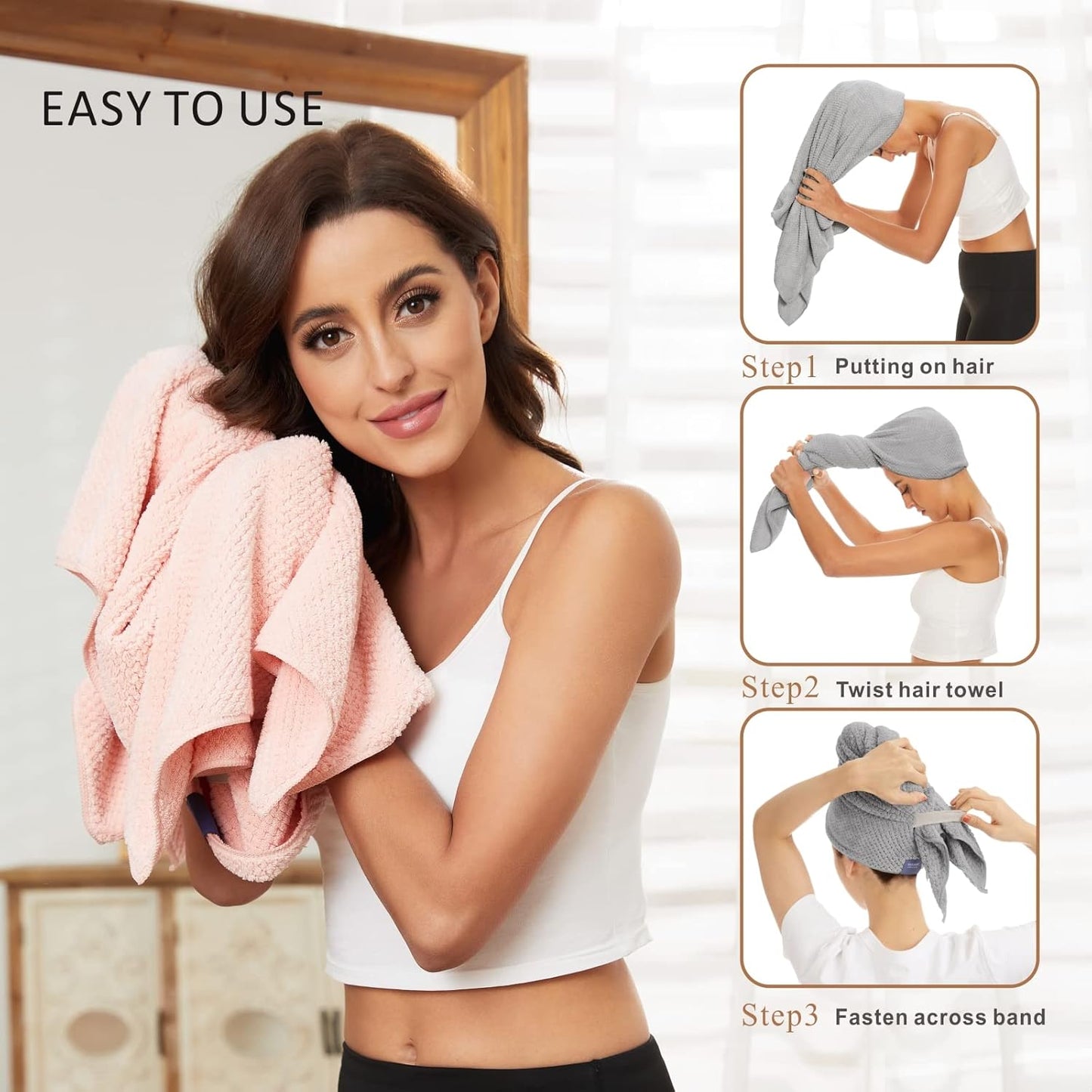 2 Pack Large Microfiber Hair Towel Wrap for Women, Anti Frizz Hair Drying Towels, Fast Dry Hair Turban - for Wet, Long, Thick, Curly Hair - Super Absorbent Soft Towels - Gray & Pink