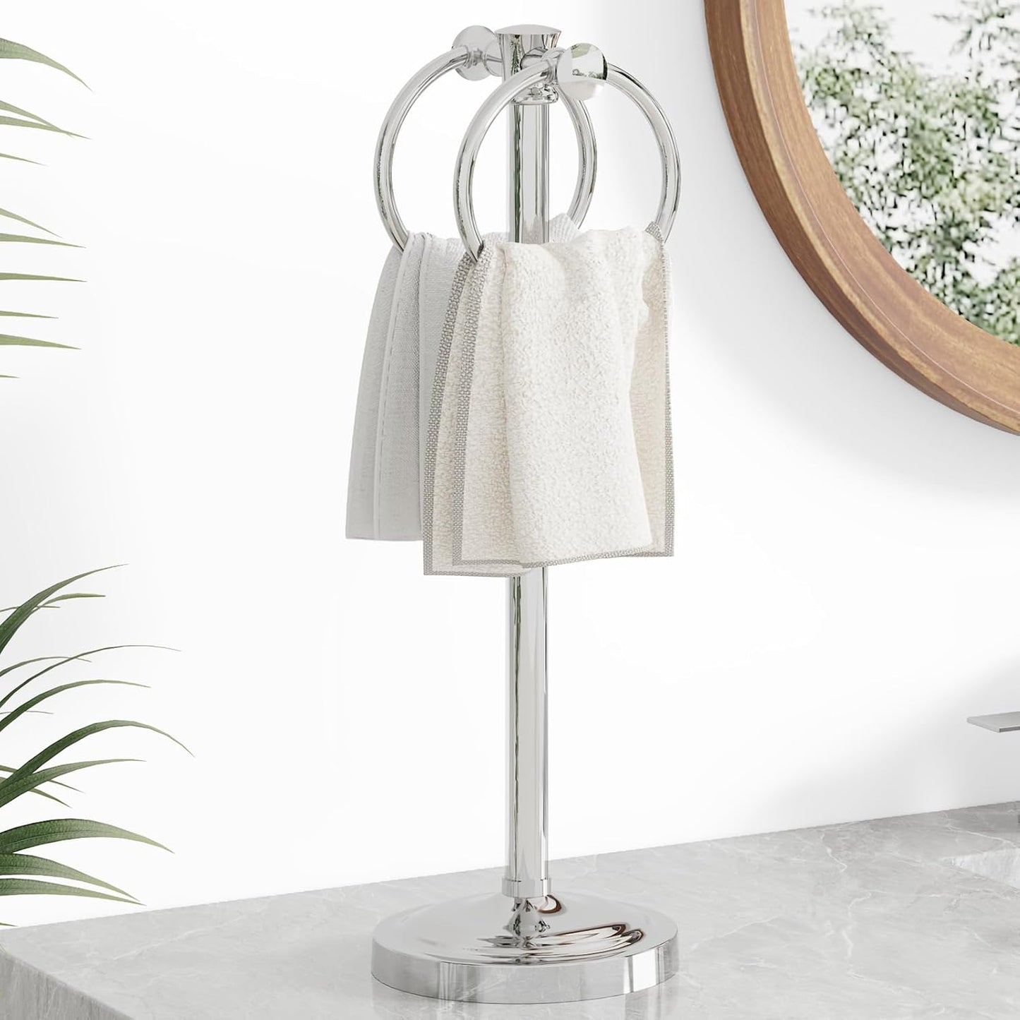 Hoimpro 17" Polished Chrome Standing Towel Rack Bracket, Double Towel Ring Free Hand Towel Stand Holder Bathroom Hardware Accessories Set Towel Bar for Bathroom Vanities and Kitchen Countertops