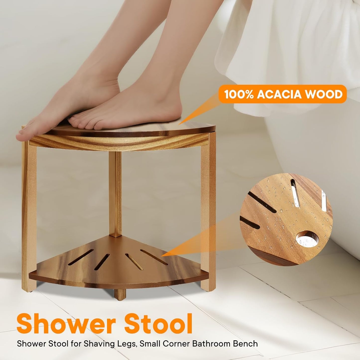 Corner Shower Stool 14.5 in,Shower Foot Rest with Storage Shelf, Shower Shaving Stool for Shaving Legs, Shower Foot Stool for Inside Small Shower Spaces- Acacia Wood Small Shower Stool