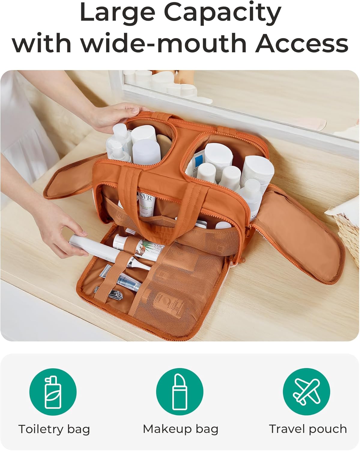 BAGSMART Travel Toiletry Bag, Puffy Toiletry Bag for Women, Wide-open toiletry bags for traveling, Large Travel Cosmetic Makeup Bag Organizer for Accessories,Toiletrie (Sandstore Brown)