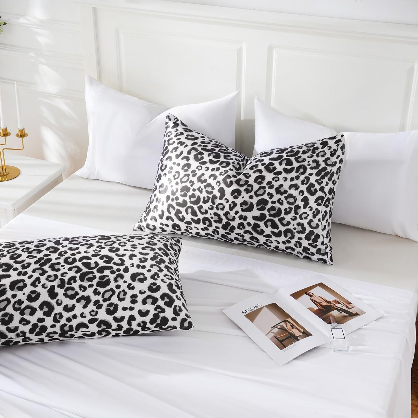 MR&HM Satin Pillowcase for Hair and Skin, Silk Satin Pillowcase 2 Pack, King Size Pillow Cases Set of 2, Silky Pillow Cover with Envelope Closure (20x36, White Leopard)