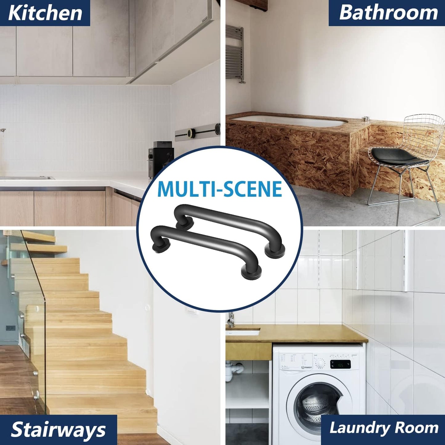 Safety Handle Bar Iron Outdoor Deck Rail Banister Bath Shower Indoor & Outdoor Deck Hand Rail 500LBS Load Capacity Wall Mount Stainless Steel 2 Pack