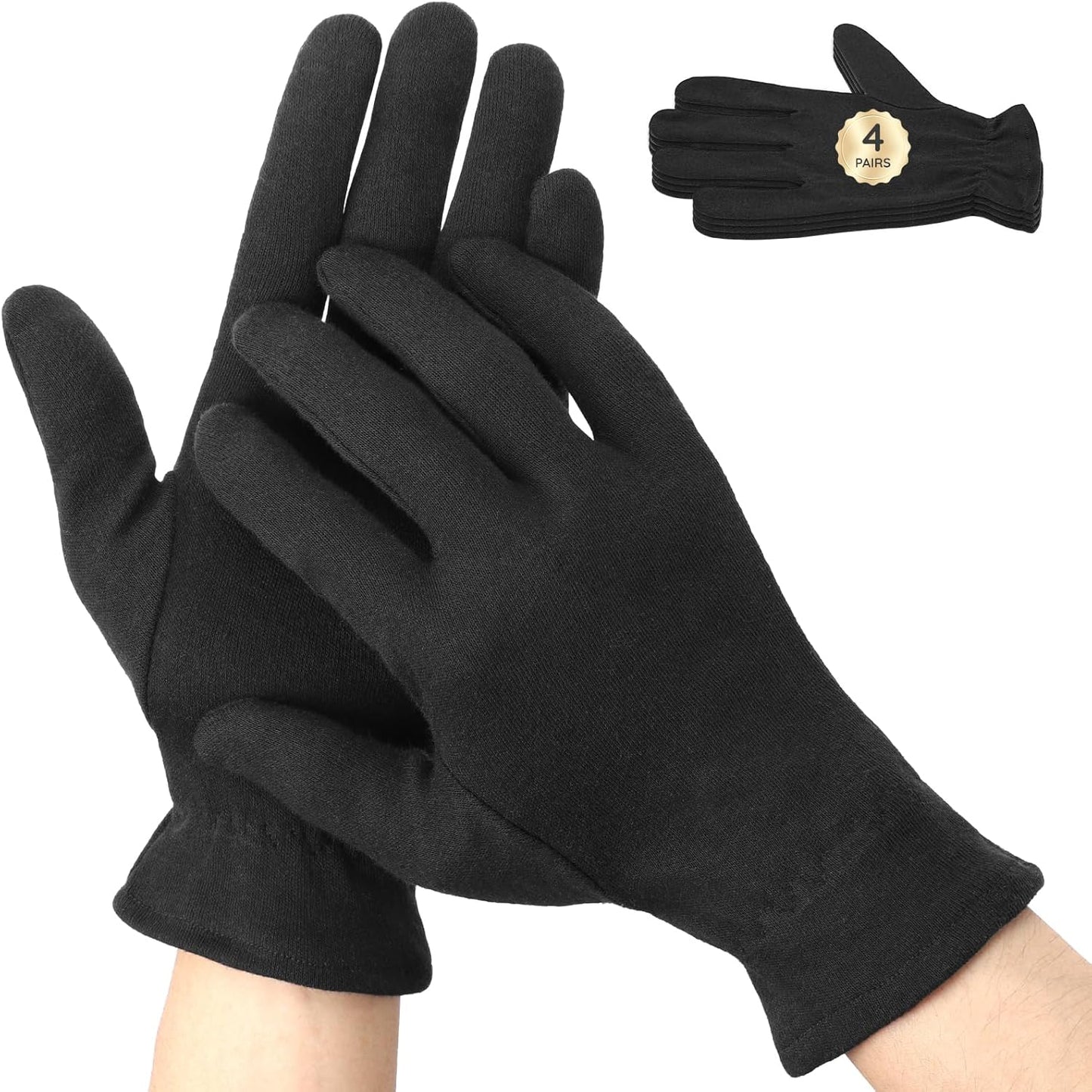 Segbeauty 8 Counts Elastic Black Cotton Work Gloves for Men, 4 Pairs Lotion Moisturizing Hand Cotton Gloves for Dry Hands Overnight Care with Elastic Band, Reusable Sleep Moisture Glove for Dry Hands