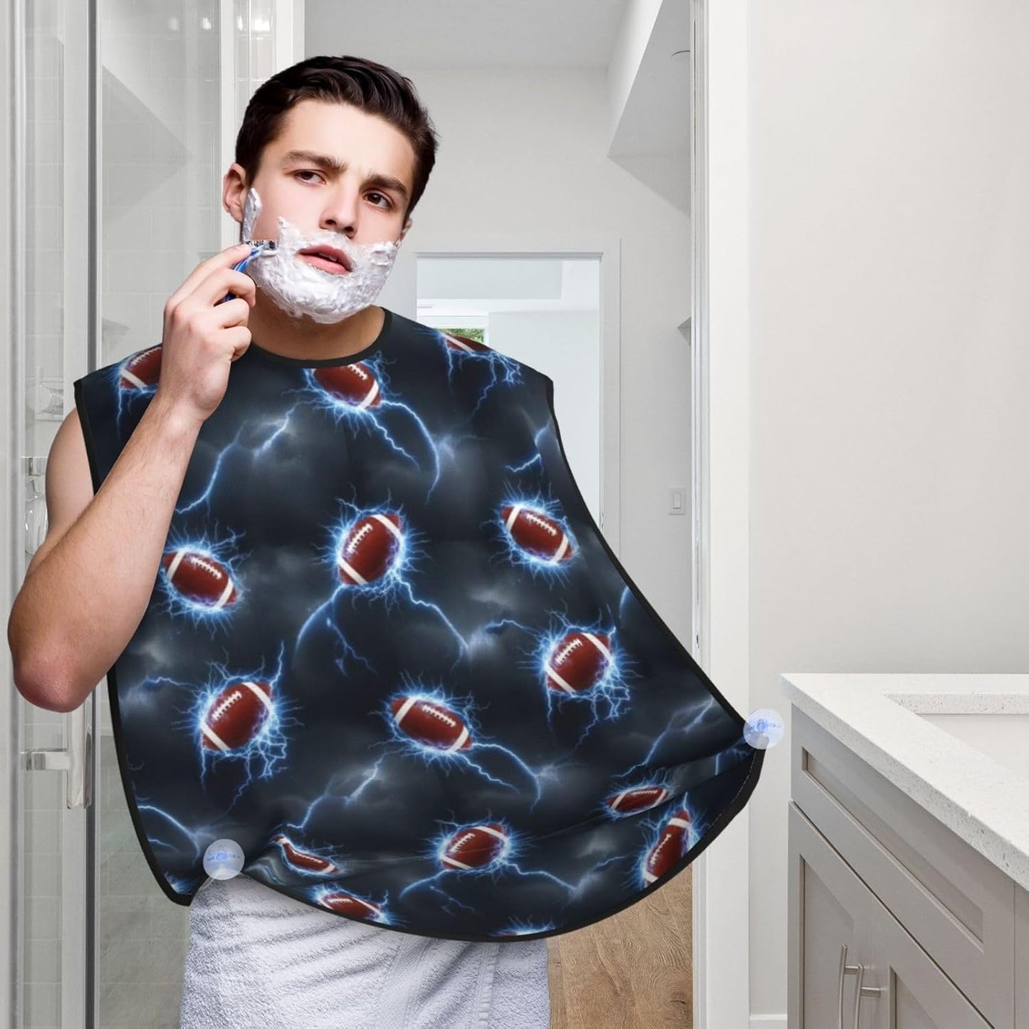 No-Slip Shaving Bib, Beard Grooming Apron with Strong Suction Cups, American Football 3D Print
