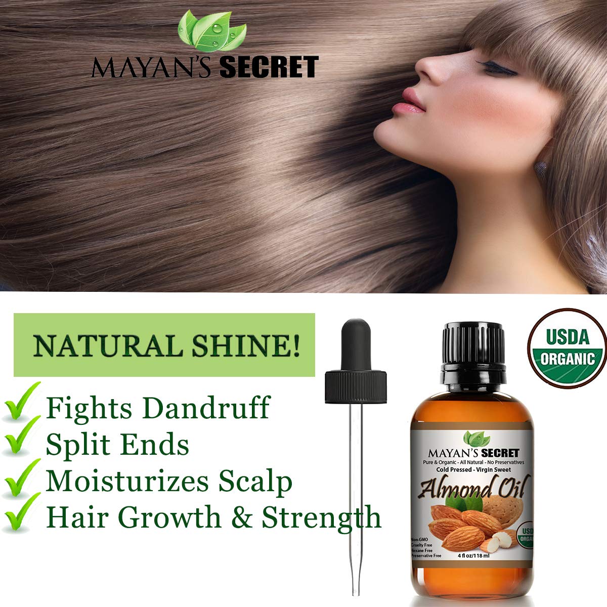 Mayan's Secret - 100% Organic Sweet Almond Oil for Skin Hair, Face - Cold Pressed Pure Almond Essential Oil (4 fl. oz.)