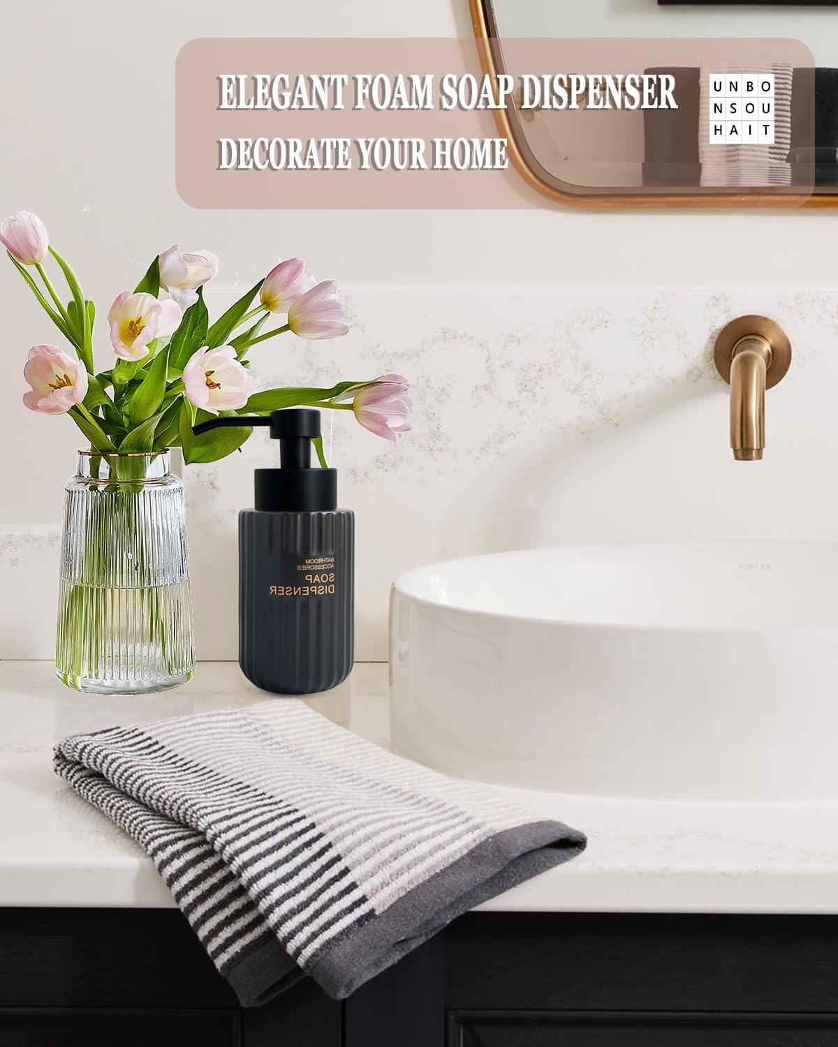 11.5 Oz Foaming Soap Dispenser for Bathroom,Kitchen Foam Soap Dispenser,Refillable Modern Foam Pump Bottle,Black Ceramic Foaming Hand Pump Dispenser (Black Stripe)