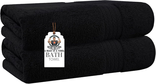 HERCULEAN Oversized Bath Sheet 35 x 75 Pack of 2 | 450 GSM Quick Dry and Highly Absorbent | 100% Cotton Terry Towels for Bathroom - Perfect for Shower - Pool and Spa - Luxury Soft Towels - Black