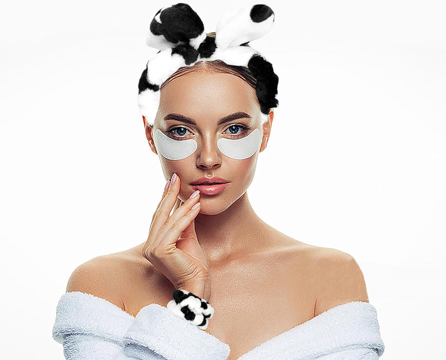 4PCS Cow Print Headbands for Washing Spa Face Wristband Set, Bath Makeup Skincare Hair Bands Western Highland Stuff Gifts for Women