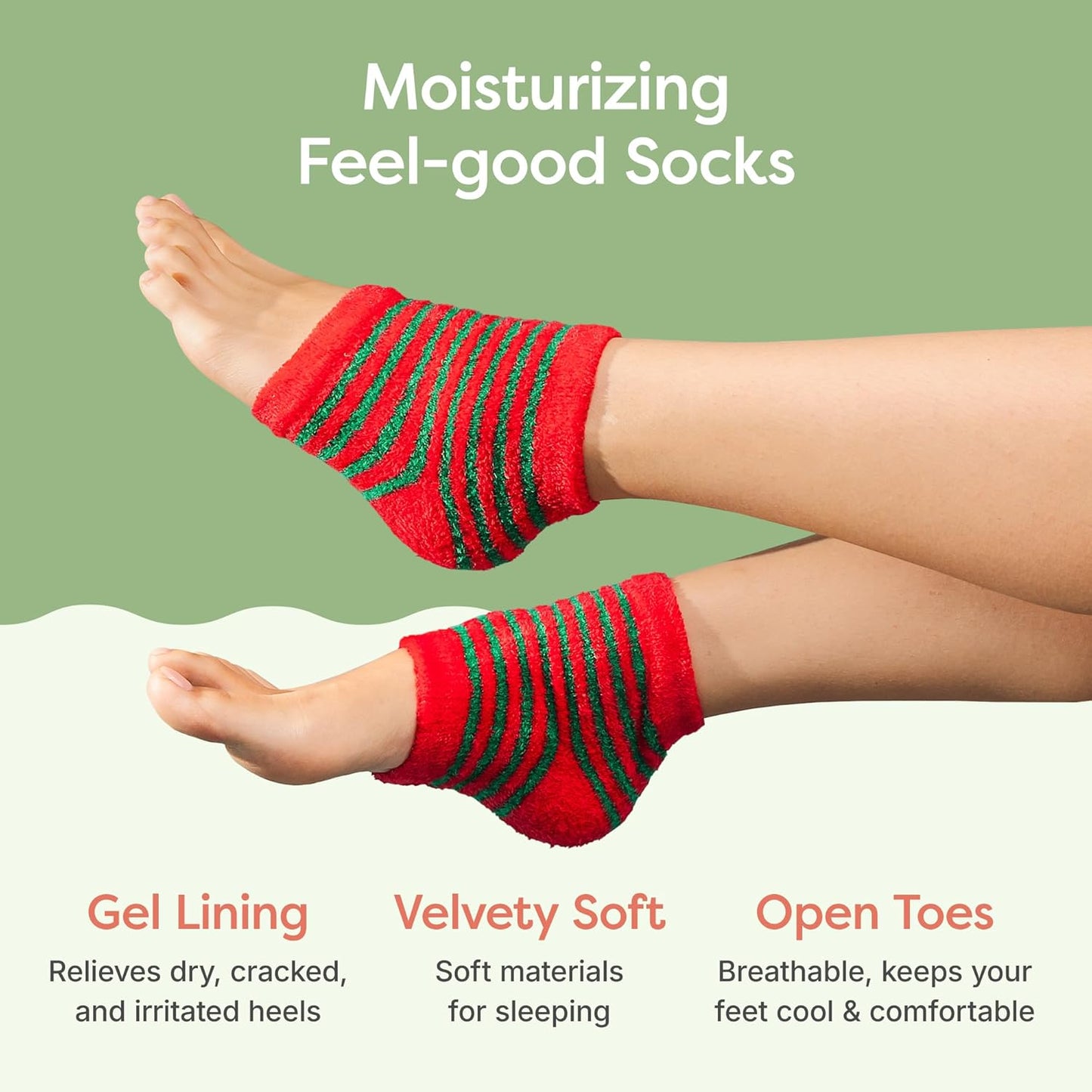 ZenToes Moisturizing Socks for Cracked Heel Treatment - Vitamin E, Olive Oil and Jojoba Oil Infused Heel Socks to Soften and Hydrate (Holiday Stripes, Regular)