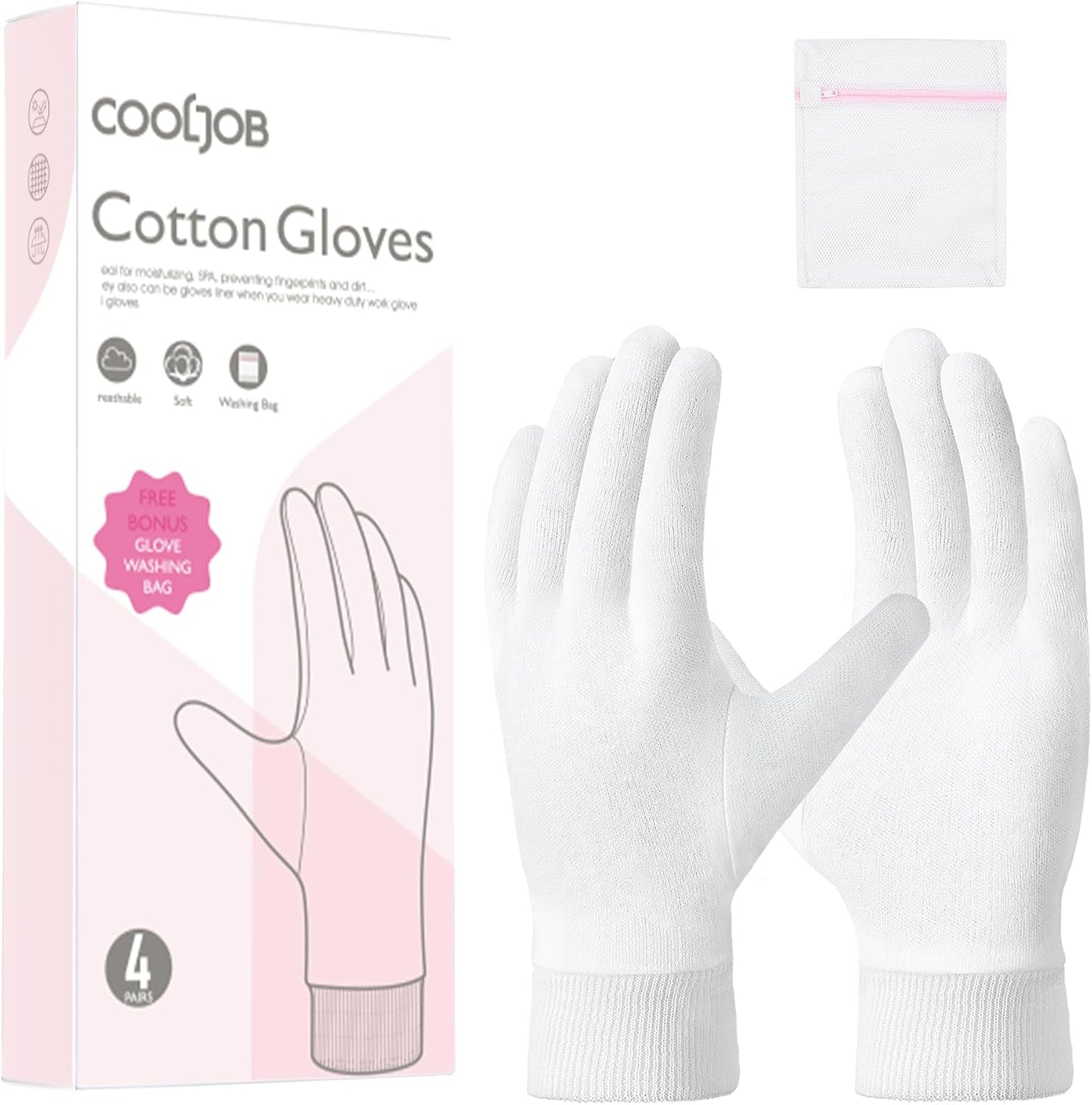 COOLJOB 4 Pairs Soft Moisturizing Cotton Gloves Set with Stretch Elastic Cuff, Overnight Lotion Sleeping Gloves for Dry Hands, Eczema Skin, Beauty Women SPA Essentials, Small, White