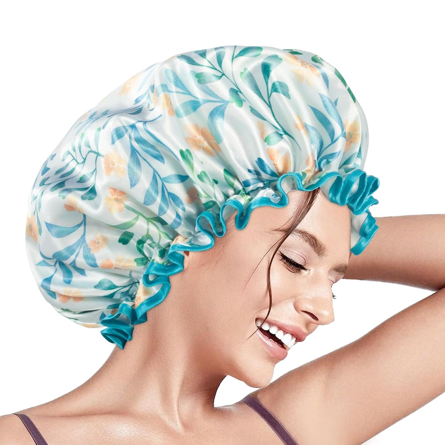 Aquior Shower Cap for Women, Reusable Shower Caps Double Layer Waterproof Womens Girls Adult Hair Cap for all Hair Lengths with EVA Lining, Soft Shower Caps for Long Thick Hair