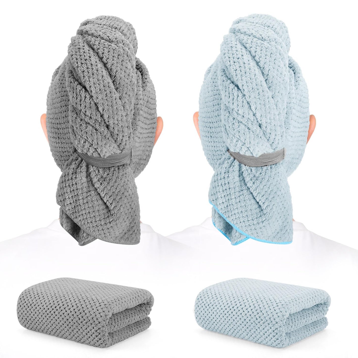 BEoffer 2 Pack Microfiber Hair Towel - 41 x 24 inches Super Soft, Absorbent, Fast Drying Without Frizz Hair Towel Wrap for Women Long, Thick, Curly Hair - Hair Turbans with Elastic Strap