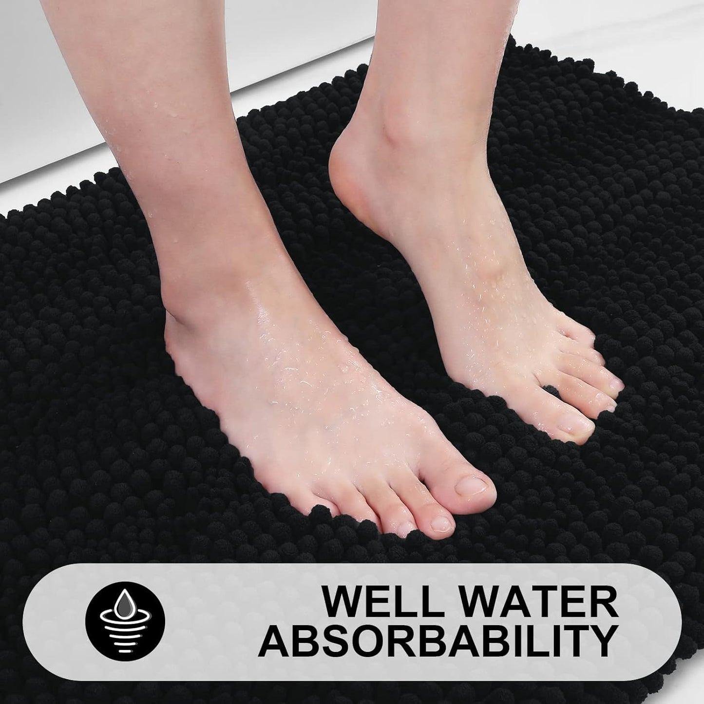 Grandaily Chenille Striped Bathroom Rugs 47x32, Extra Thick and Absorbent Bath Mats, Non-Slip Soft Plush Shaggy Shower Carpet, Machine Wash Dry, Bath Rug for Bathroom, Black