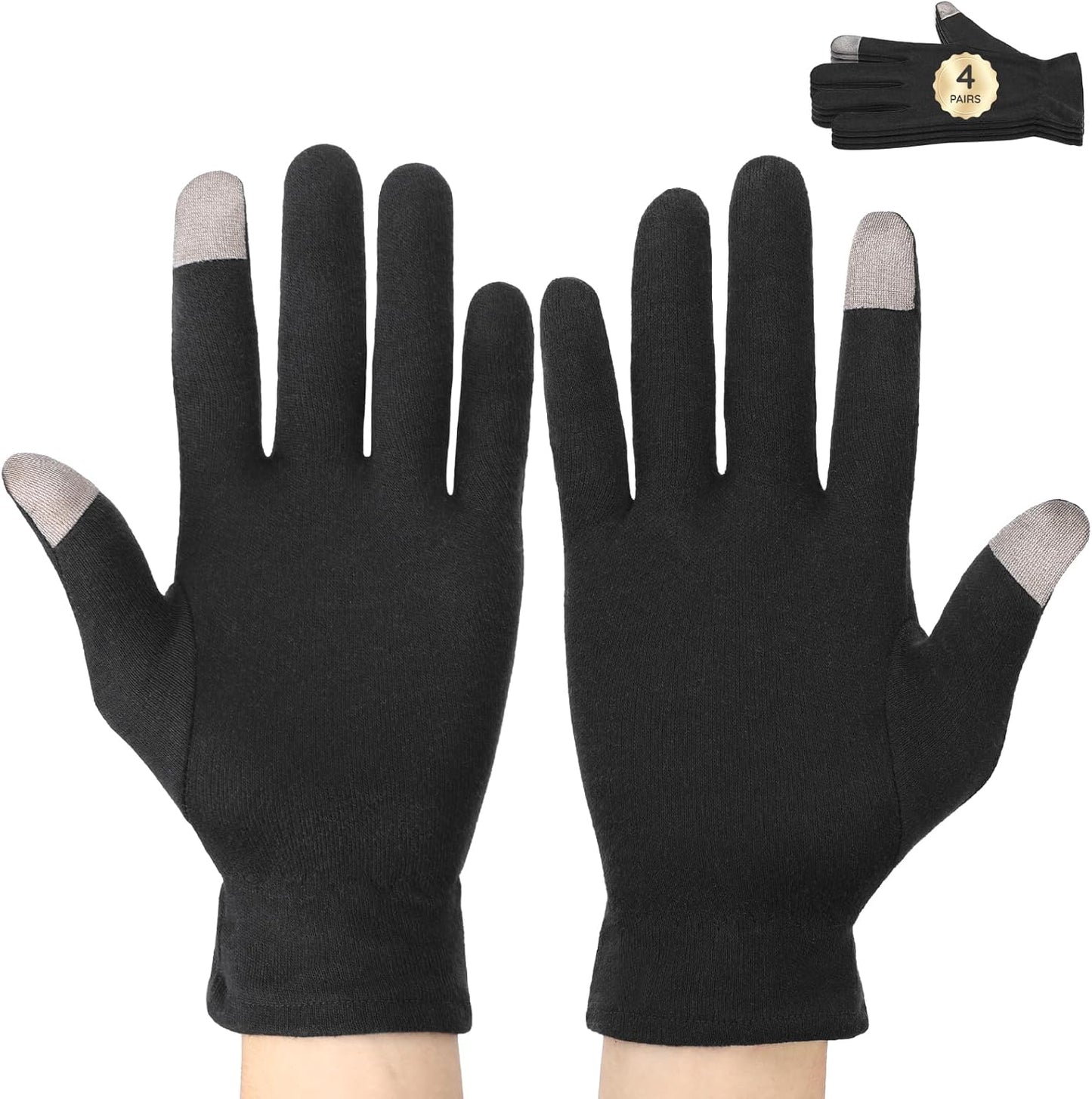 Segbeauty 8 Counts Black Cotton Gloves Touchscreen for Women and Men, 4 Pairs Hand Moisturizer Gloves with Elastic Band, Soft Sleeping Glove for Dry Hands Overnight, Spa Lotion Cotton Glove Liners